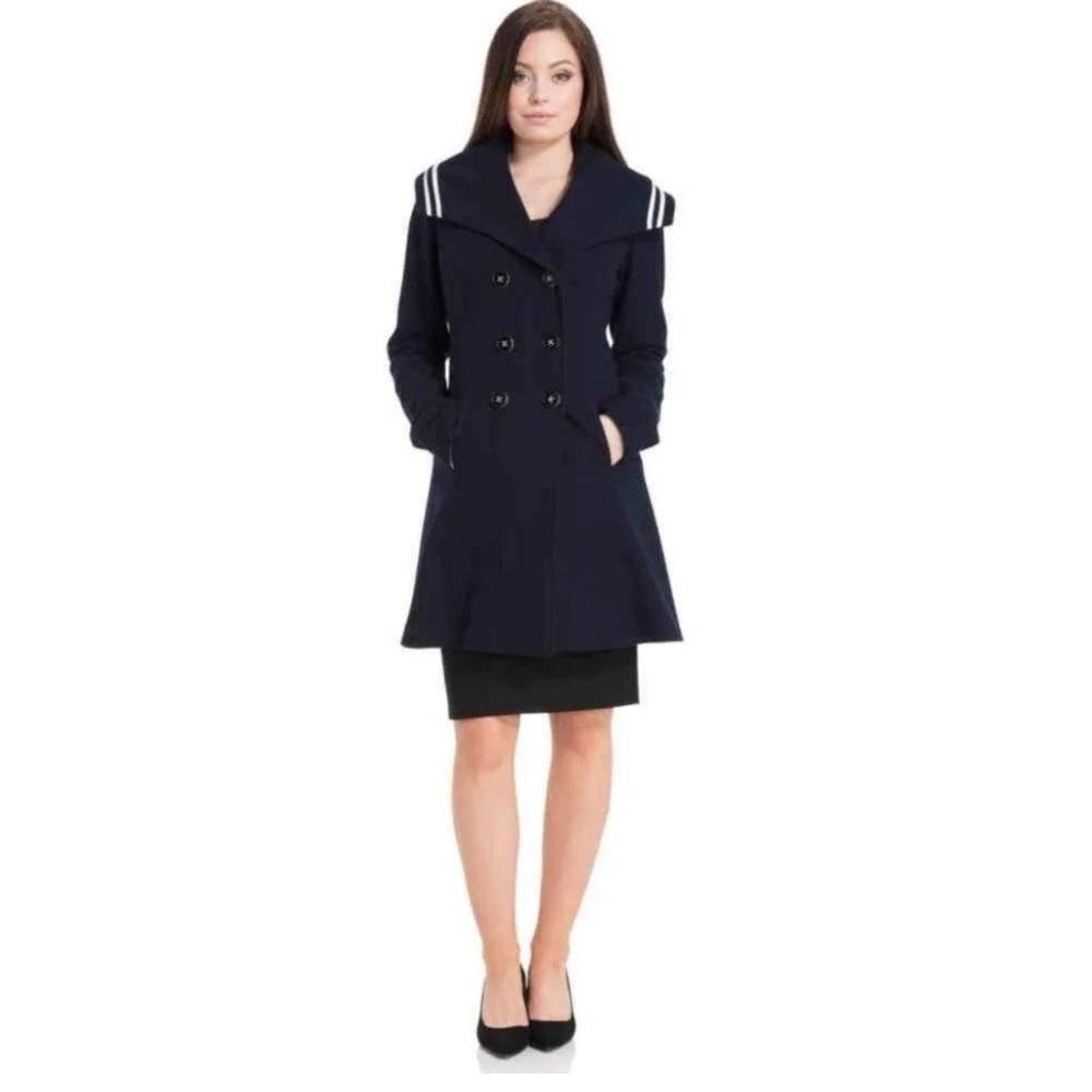 Voodoo Vixen Jennifer Nautical Coat NWT Navy Blue Striped Flared Peacoat L
